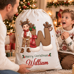Personalized 3D-Style Art Christmas Cartoon Character Photo Canvas Drawstring Gift Bag with Initial and Name Christmas Gift for Boys Girls