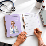 Cuaderno A5 personalizado con ilustración de personal sanitario en estilo cómic y efecto 3D, agenda semanal y mensual 2027, con nombre, ideal como regalo de cumpleaños para médicos y enfermeros