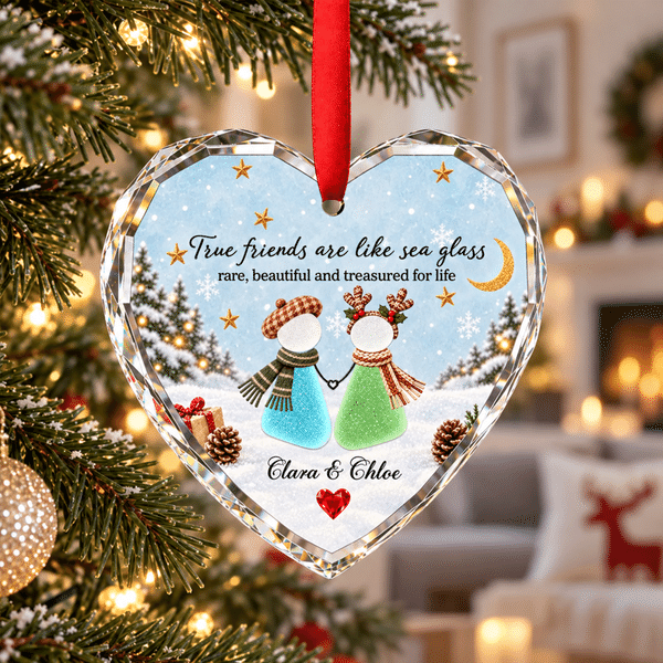 Personlig «True Friends Are Like Sea Glass»-hjerteformet, rund julepynt med navn – julegave til bestevenner