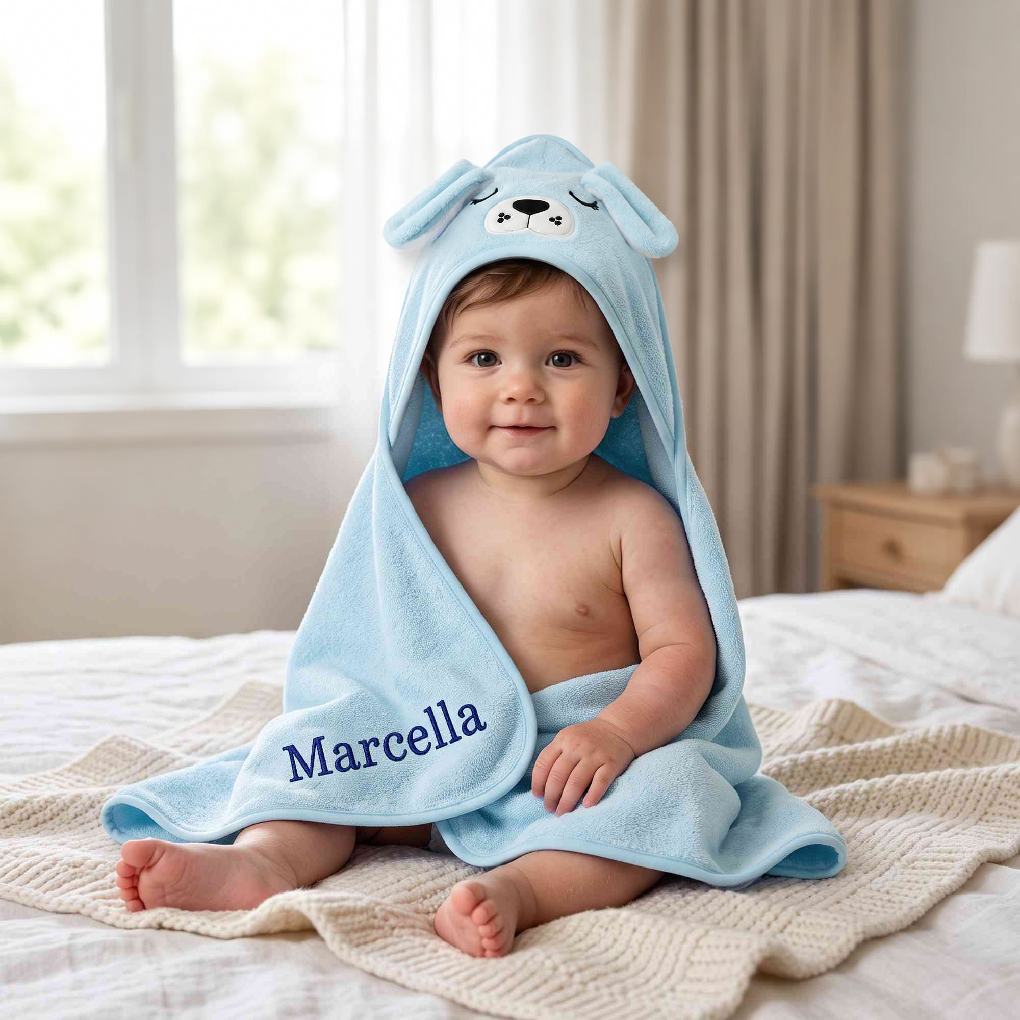 Personalised Puppy Bear Animal Design Coral Fleece Hooded Towel with Embroidered Name Bath Essential Baby Shower Birthday Gift for Baby Kid