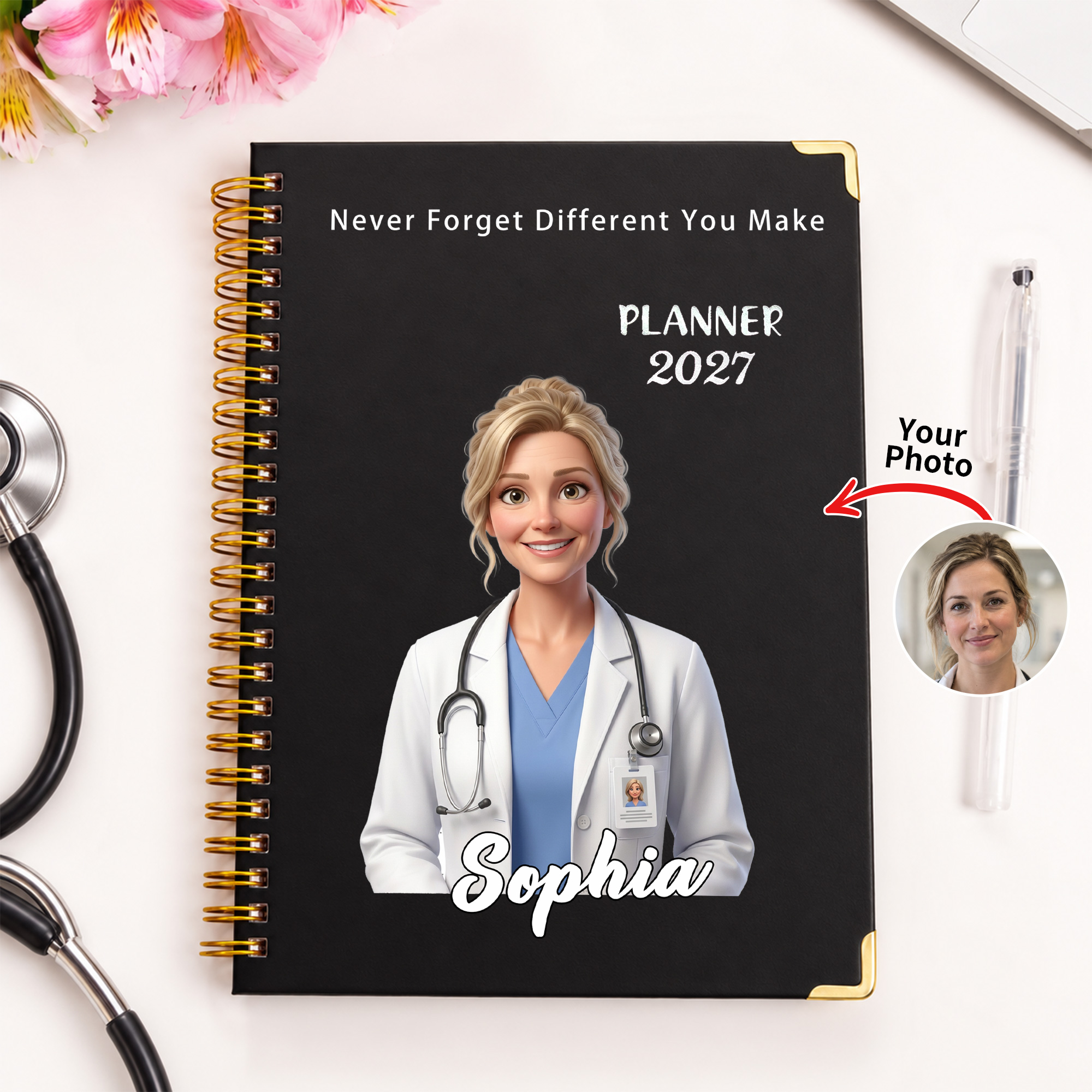 Personalisiertes Notizbuch im A5-Format mit 3D-Effekt, Cartoon-Motiv und Foto des medizinischen Personals, Wochen- und Monatsplaner 2027 – Namens- und Geburtstagsgeschenk für Ärzte und Pflegekräfte