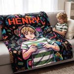 Gepersonaliseerde, zachte plaid met spelconsole-motief, cartoonafbeelding en foto, met naam – woondecoratie, cadeau voor een spelletjesavond of verjaardag voor een gamer, meisje of jongen 6