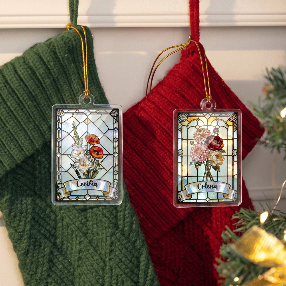 Personalized Vintage Stained Glass Style Birth Flower Acrylic Ornament with Name Tree Decor Christmas Gift for Kids Family Friends 3