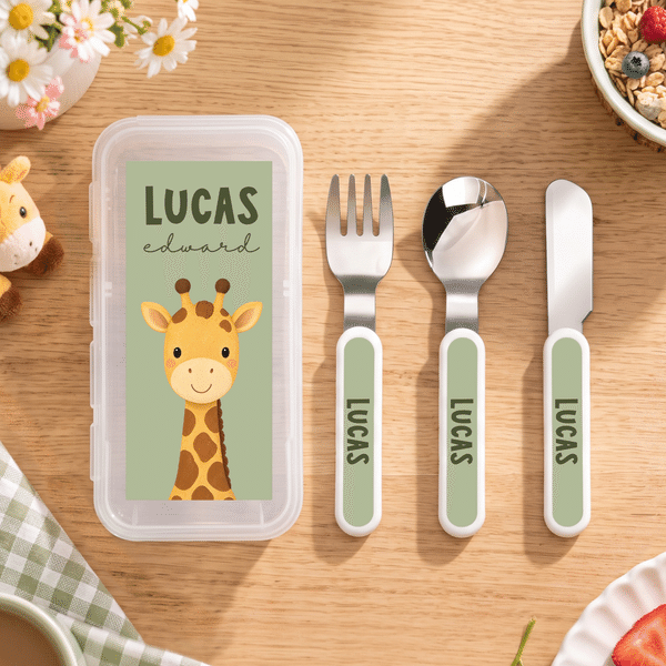 Personalized Cartoon Wild Animal Fork Spoon Knife 3 Pcs Cutlery Set with Name and Case Daily Use Back to School Birthday Christmas Gift for Kids