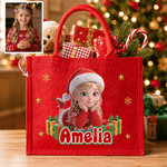 Bolso de yute rojo con diseño personalizado con efecto 3D, temática navideña, personaje de dibujos animados tumbado y foto, con nombre; regalo navideño para la familia y los niños