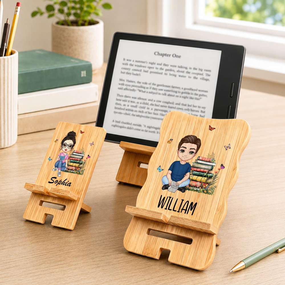 Personalised Cartoon Character Bamboo Wooden Phone Stand iPad Holder with Name Desk Decor Birthday Gift for Students Friends Reading Lovers 5