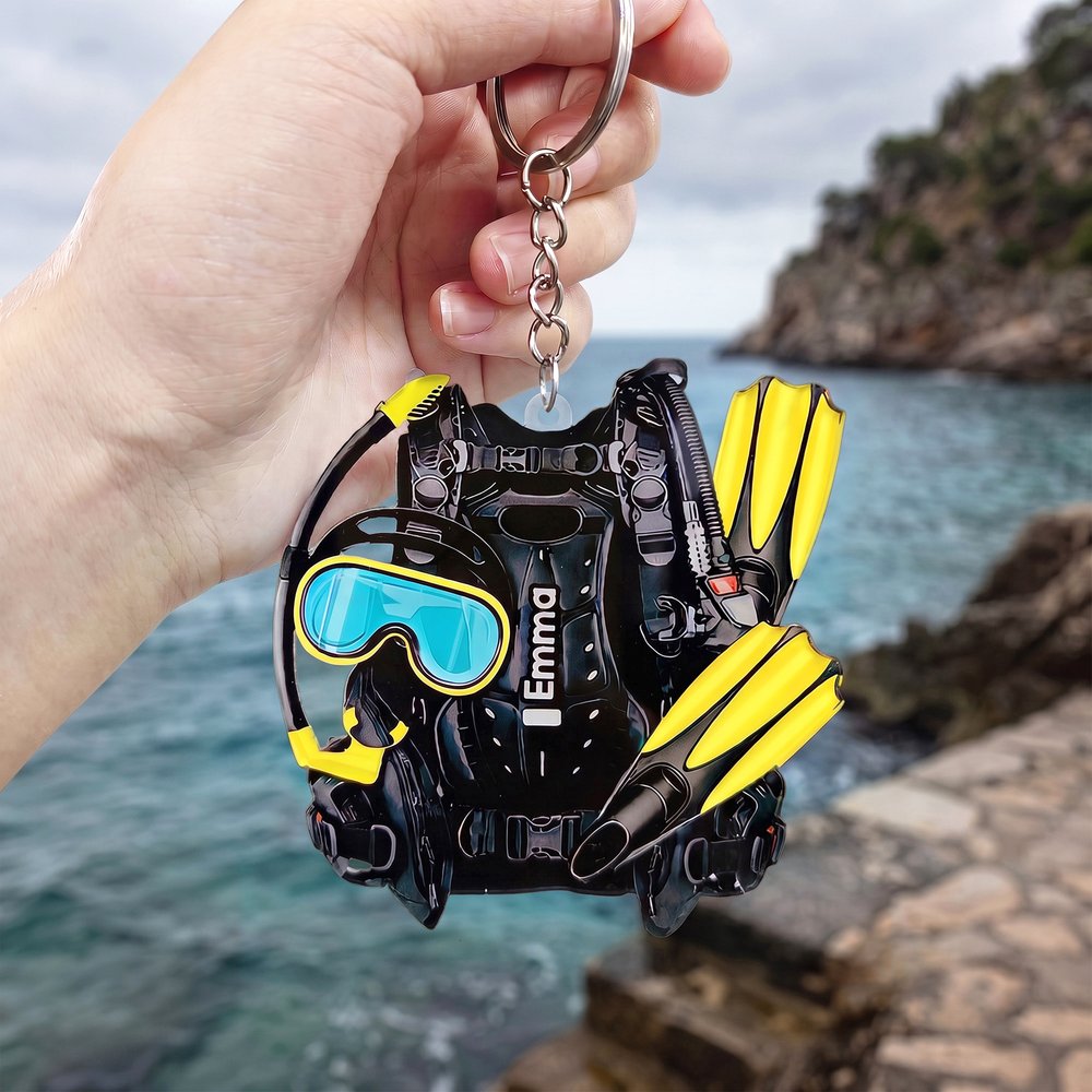 Personalized Scuba Diver Gear Goggles Fins Acrylic Keychain Bag Charm with Name Birthday Gift for Diving Enthusiasts 4