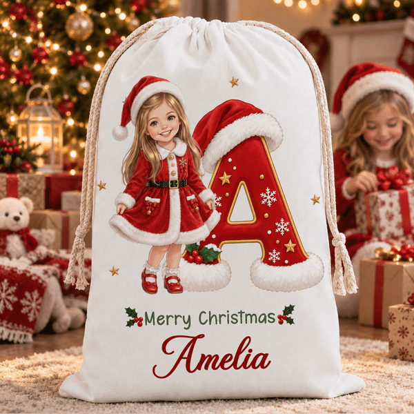 Personalized 3D-Style Art Christmas Cartoon Character Photo Canvas Drawstring Gift Bag with Initial and Name Christmas Gift for Boys Girls
