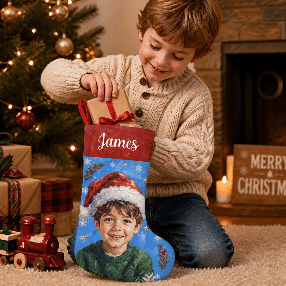 Personalized Santa Hat Oil Painting Photo Multicolor Christmas Stocking with Name Home Decoration Christmas Gift for Kid Family 4