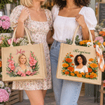 Personalised Photo Birth Flower Jute Tote Bag with Name Daily Use Beach Party Birthday Gift for Women Friends