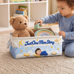 Personalized Just One More Story Cartoon Sleeping Baby Linen Storage Basket with Name and Handle Daily Use Birthday Baby Shower Gift for Baby