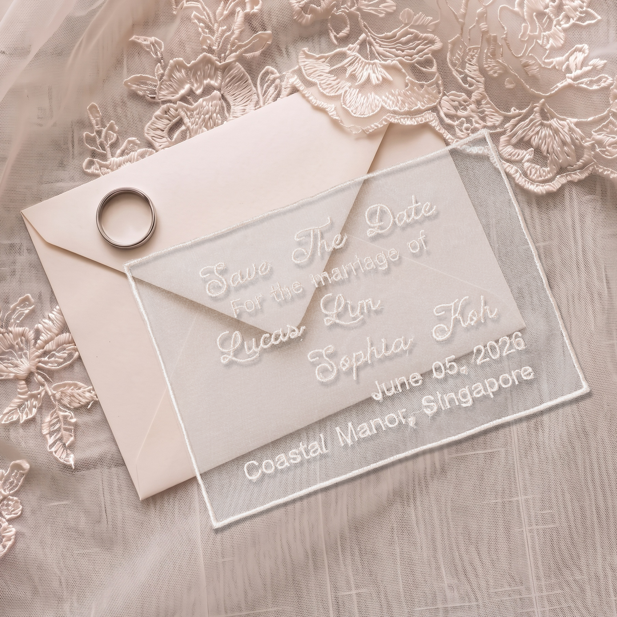 Individuell bestickte, durchscheinende Hochzeitseinladung mit Namen und Datum sowie Umschlag – Geschenk zur Hochzeit, Verlobung oder Feier für das Brautpaar