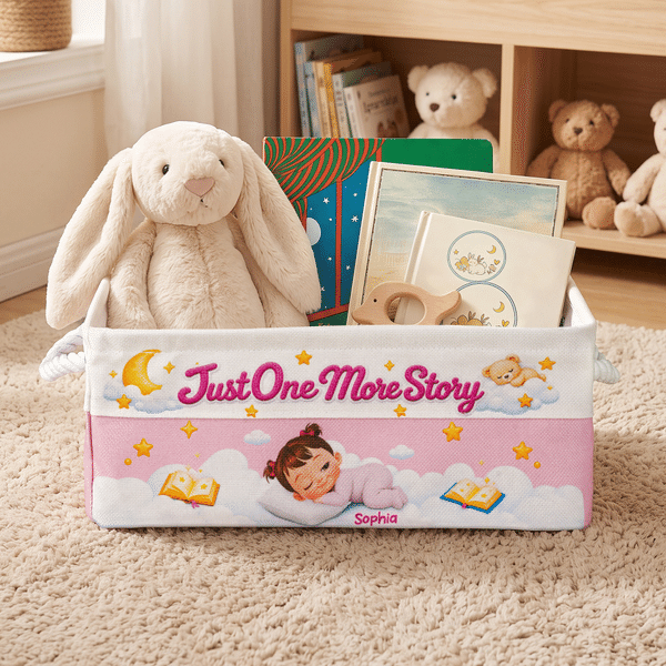 Personalized Just One More Story Cartoon Sleeping Baby Linen Storage Basket with Name and Handle Daily Use Birthday Baby Shower Gift for Baby