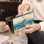 Personalised Imitation Quilting Style 1-10 Sea Turtles PU Leather Wallet with Names Daily Use Birthday Anniversary Gift for Mum Gran Woman