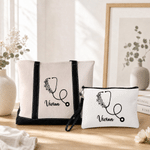 Personalized Floral Stethoscope Pattern Makeup Bag Tote Bag Set with Name Daily Use Birthday Nurse Day Gift for Nurses Healthcare Workers 1