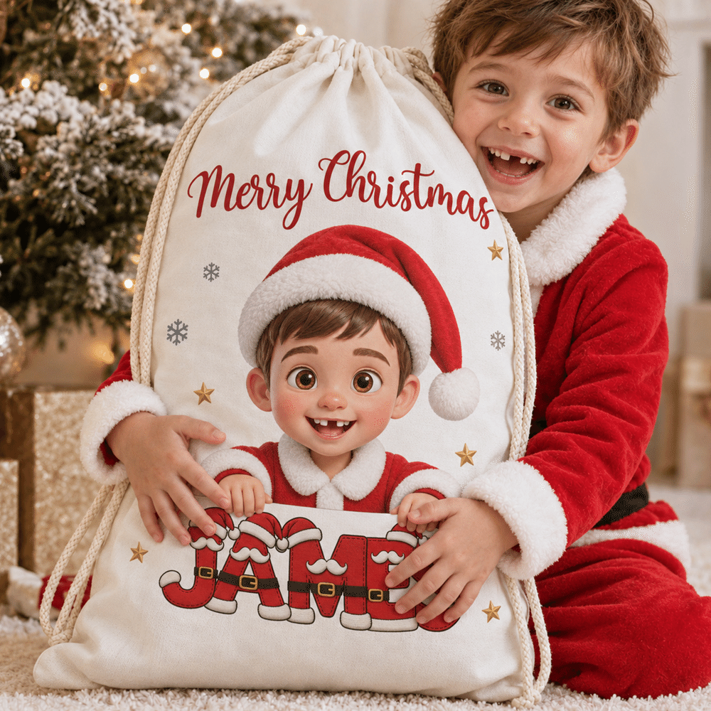 Personalized 3D-Effect Artwork Cartoon Character Photo Drawstring Christmas Gift Bag with Name Christmas Gift for Family Kids Friends 3