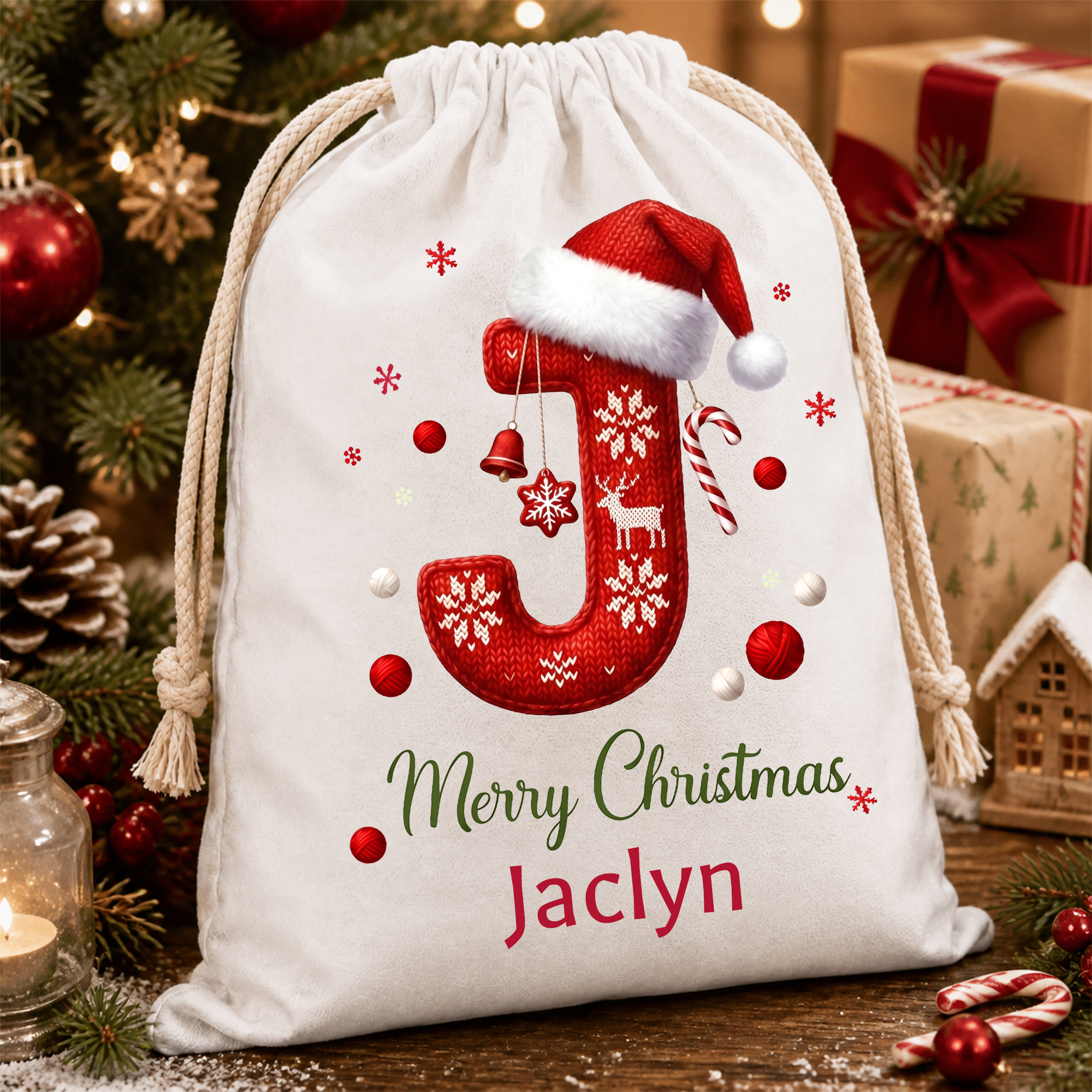 Personalisierter, niedlicher Weihnachtsmannhut mit Initialen – wiederverwendbarer Weihnachtssack aus Canvas mit großem Fassungsvermögen und Namensaufdruck – „Frohe Weihnachten“-Geschenk für Kinder und die ganze Familie
