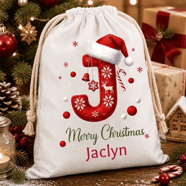 Gepersonaliseerde, schattige kerstmuts met initiaal – herbruikbare kersttas van canvas met grote inhoud en naam – vrolijk kerstcadeau voor kinderen en het hele gezin