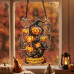 Personalized Acrylic Faux Stained Glass Jack-O'-Lantern Pumpkin Tree Suncatcher with Text Halloween Fall Window Decor Gift for Halloween Lovers