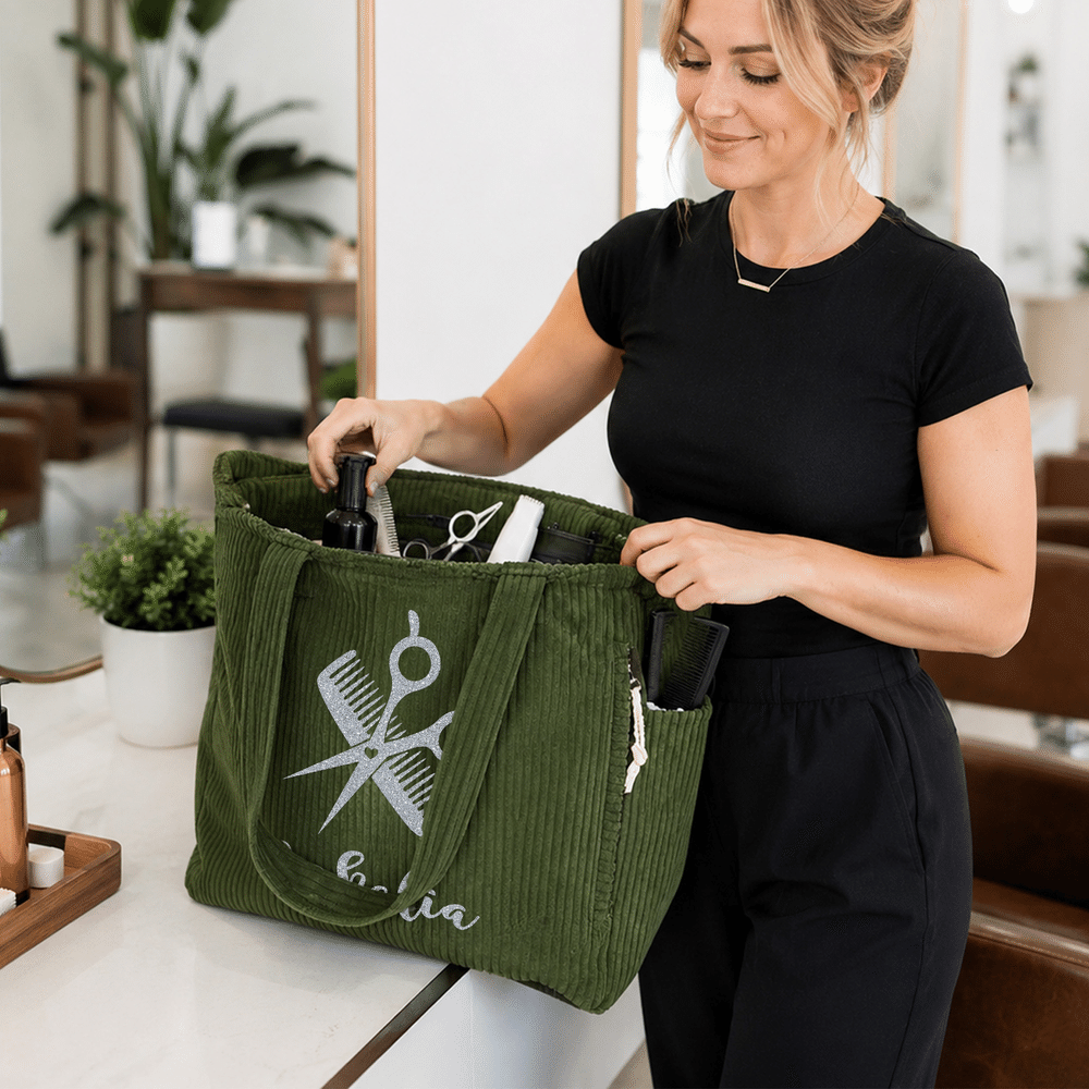 Personalized Hairdressing Theme Scissors Comb Pattern Large Capacity Corduroy Tote Bag with Name Daily Use Work Birthday Gift for Salon Worker 3