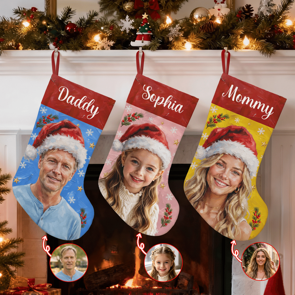 Personalized Santa Hat Oil Painting Photo Multicolor Christmas Stocking with Name Home Decoration Christmas Gift for Kid Family 1