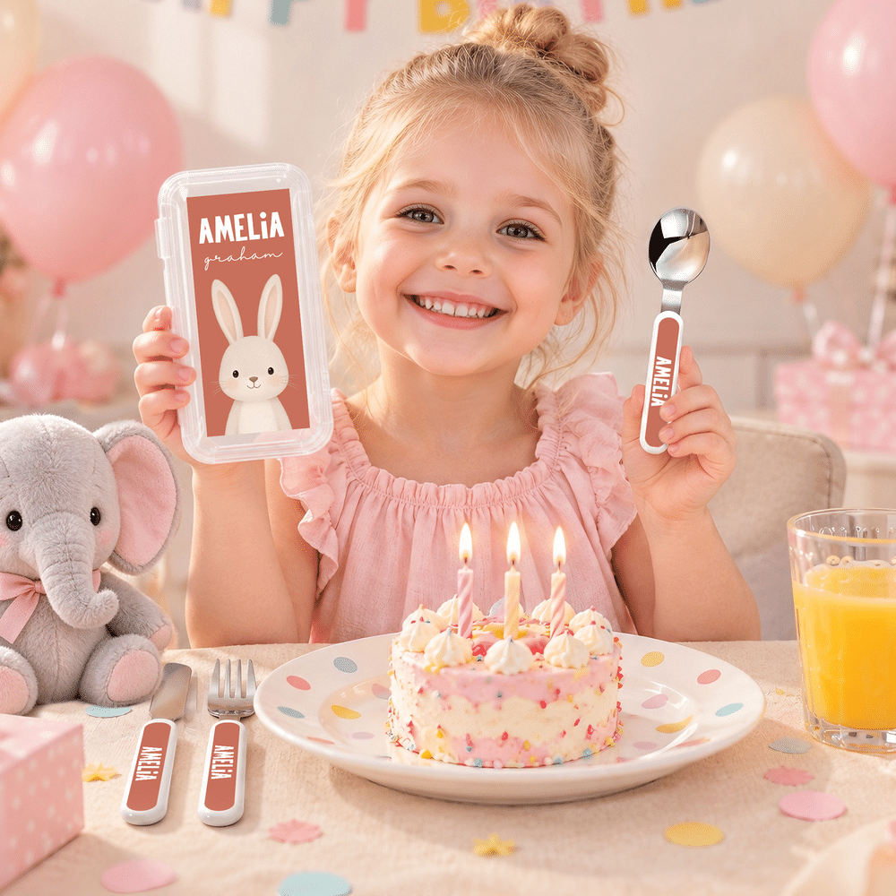 Personalized Cartoon Wild Animal Fork Spoon Knife 3 Pcs Cutlery Set with Name and Case Daily Use Back to School Birthday Christmas Gift for Kids 4