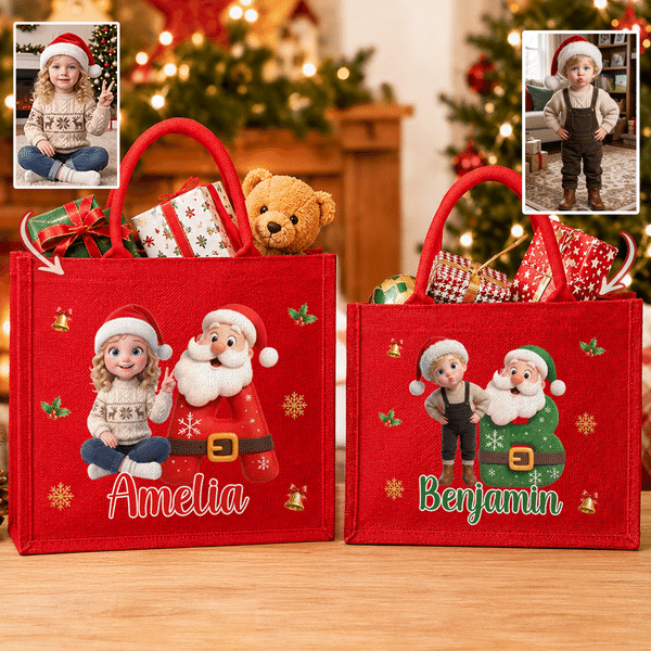 Personalized 3D-Effect Artwork Cartoon Character Photo Santa Claus Red Jute Tote Bag with Name and Initial Christmas Gift for Family Kids