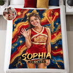 Coperta morbida personalizzata con foto in stile pittura a olio, con nome e testo: regalo di compleanno a tema stagionale per cheerleader e allenatori