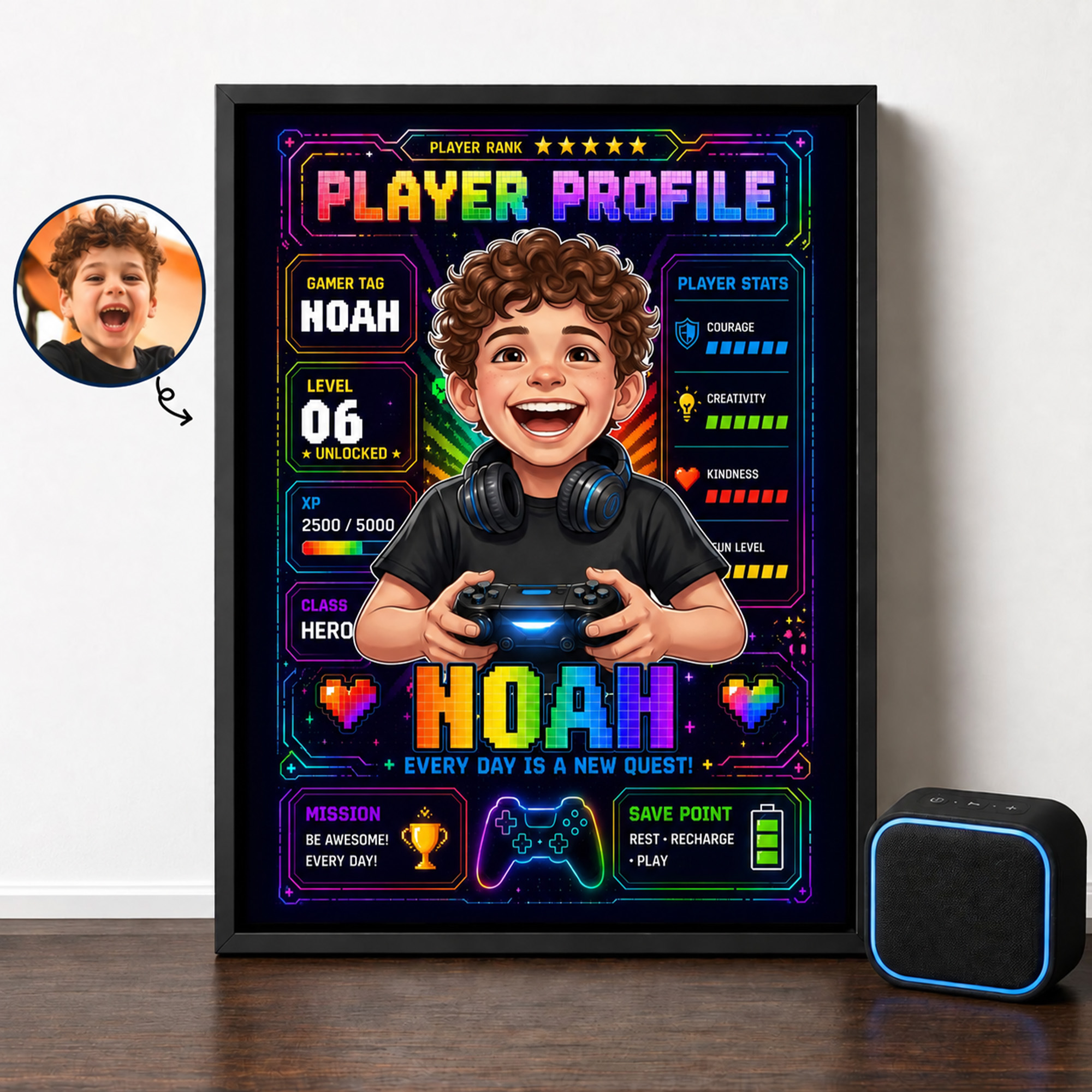 Personalized Player Profile Cartoon Photo Character Canvas Prints with Name Home Decor Ship from USA Game Night Birthday Gift for Kids Gamers