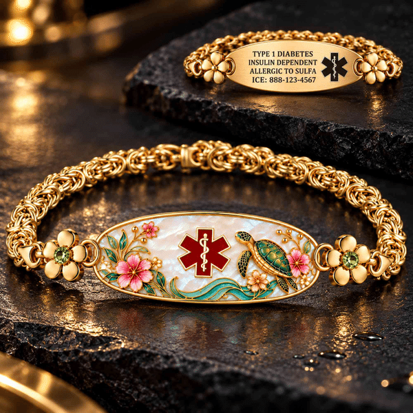 Personalized Medical Alert Bracelet with Birthstone & Text, Pearl Enamel Byzantine Chain, Cardinal Robin Turtle Hummingbird Pattern, Gift for Women