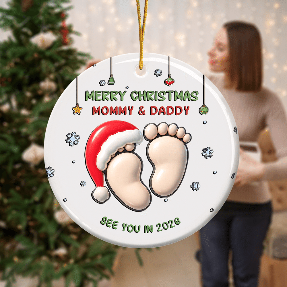 Personalised Merry Christmas Footprint Round Ceramic Ornament with Title and Year Tree Decor Christmas Baptism Gift for Baby Kids 4
