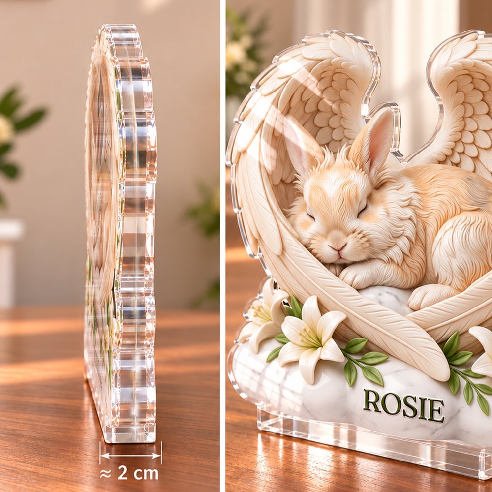Personalized 3D-Effect Artwork Rabbit Photo Angel Wings Floral Clear Acrylic Plaque with Name Memorial Gift for Pet Rabbit Owners 7