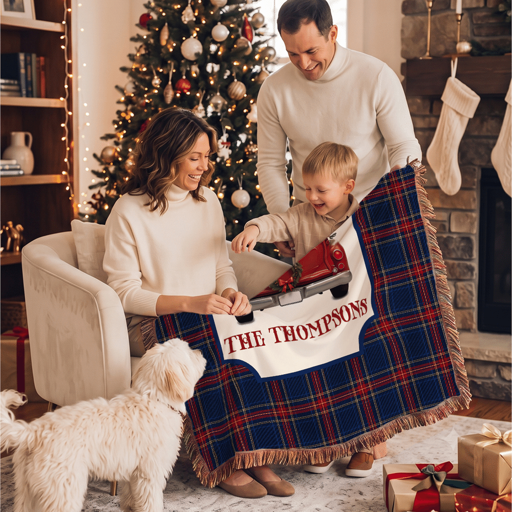 Personalised 3D-Effect Artwork Photo Pickup Lorry Plaid Blanket with Tassels and Family Surname Soft Home Decor Christmas Gift for Family Friend 5