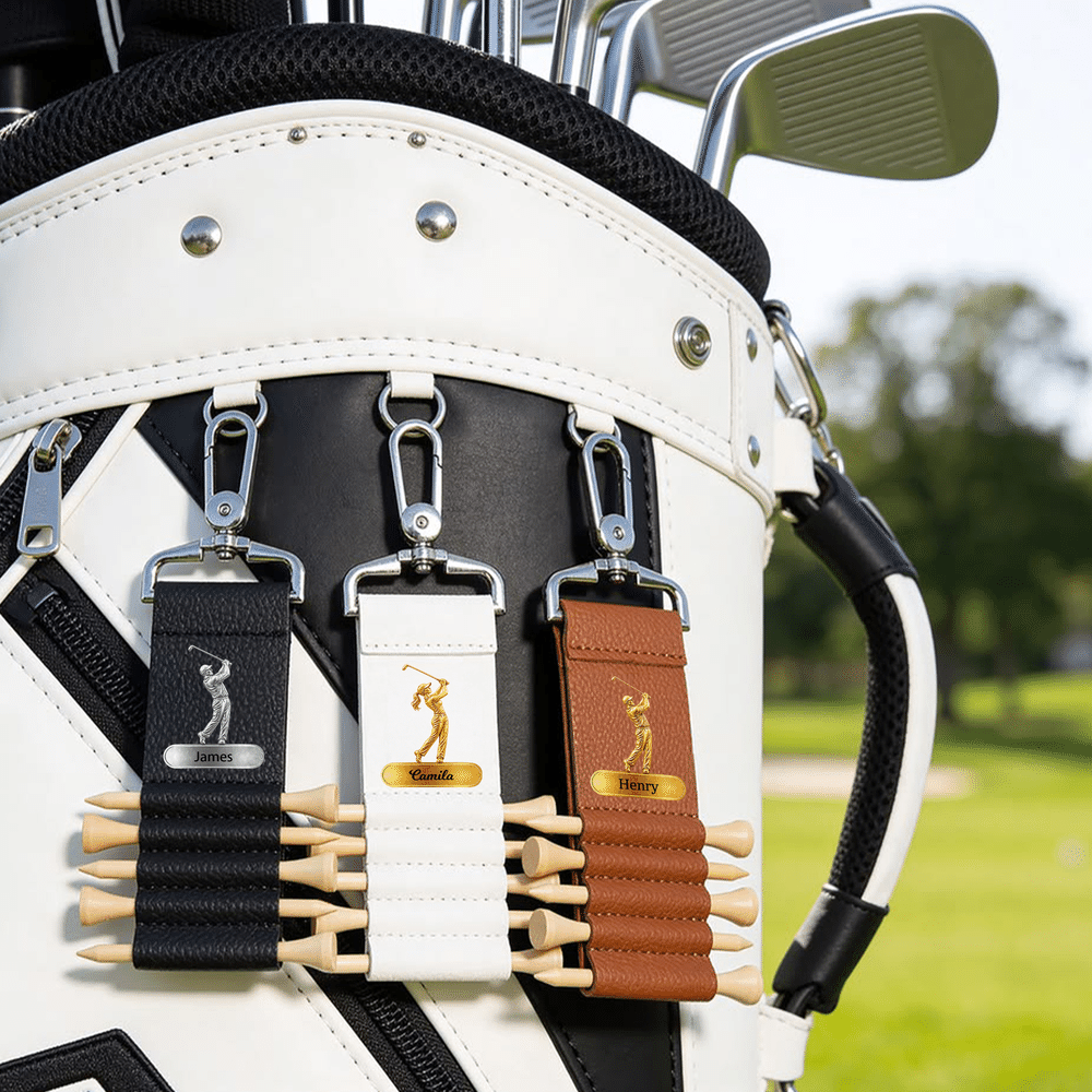 Personalized Golf Swing Pattern PU Leather Golf Tee Holder Bag Tag with Name and 5 Pcs Bamboo Tees Game Day Birthday Gift for Golf Lovers 4