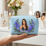 1. Personalized Birth Flower Portrait Photo PU Leather Makeup Bag with Name Daily Use Birthday Gift for Girls Women