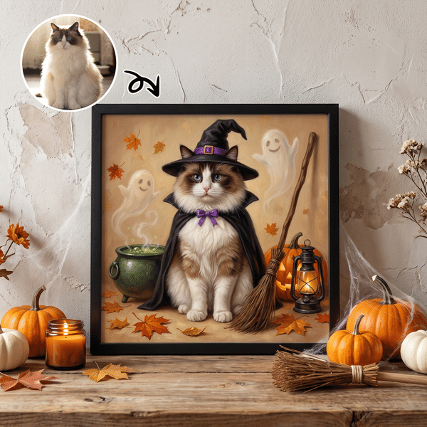 Gepersonaliseerde canvasafdrukken met foto’s van pompoenspookjes en heksen – Halloween- en verjaardagscadeau voor eigenaren en liefhebbers van huisdieren