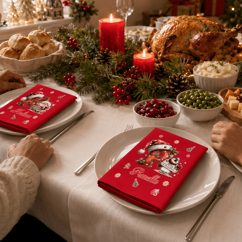 Personalized Hedgehog Fox Vintage Christmas Initial 100% Cotton Red Napkin with Name Table Decor Christmas Gift for Family Friends 4