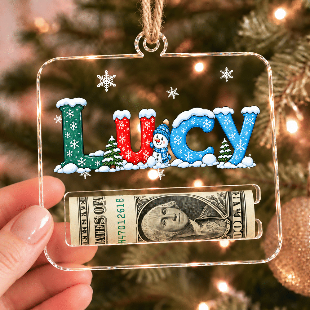 Colgante personalizado de acrílico para pinza de billetes con motivo navideño de muñeco de nieve y copos de nieve, con nombre; regalo de Navidad para la familia 2