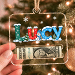 Colgante personalizado de acrílico para pinza de billetes con motivo navideño de muñeco de nieve y copos de nieve, con nombre; regalo de Navidad para la familia 2