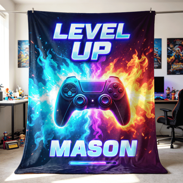 Personalized Game Controller Gradient Neon Fire Cozy Throw Blanket with Name Home Decor Birthday Christmas Game Night Gift for Kids Gamers