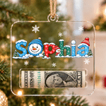 Colgante personalizado de acrílico para pinza de billetes con motivo navideño de muñeco de nieve y copos de nieve, con nombre; regalo de Navidad para la familia 1
