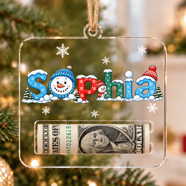 Colgante personalizado de acrílico para pinza de billetes con motivo navideño de muñeco de nieve y copos de nieve, con nombre; regalo de Navidad para la familia