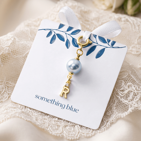 Personalised Bling Something Blue Pearl Bouquet Charm with Initial and Card Wedding Bridal Shower Bridesmaid Proposal Gift for Bridesmaid Bride