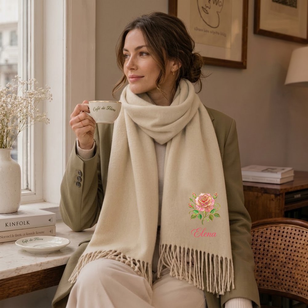 Personlig mjuk halsduk med namn och vackert blommönster en värmande accessoar perfekt för hösten och som julklapp 4