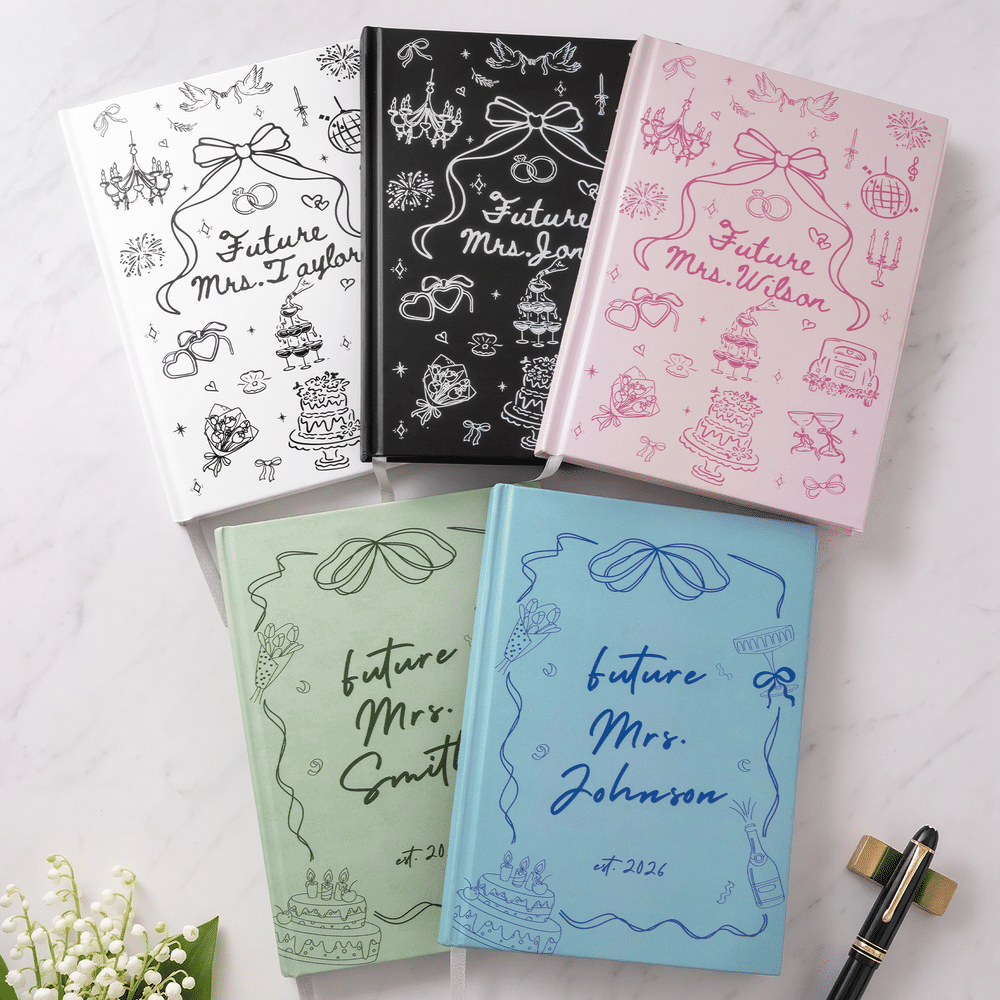 Personalised Bow Cake Flower Future Planning Mrs Hardcover Journal Notebooks with Name and Date Wedding Engagement  Bridal Shower Gift for Bride 2