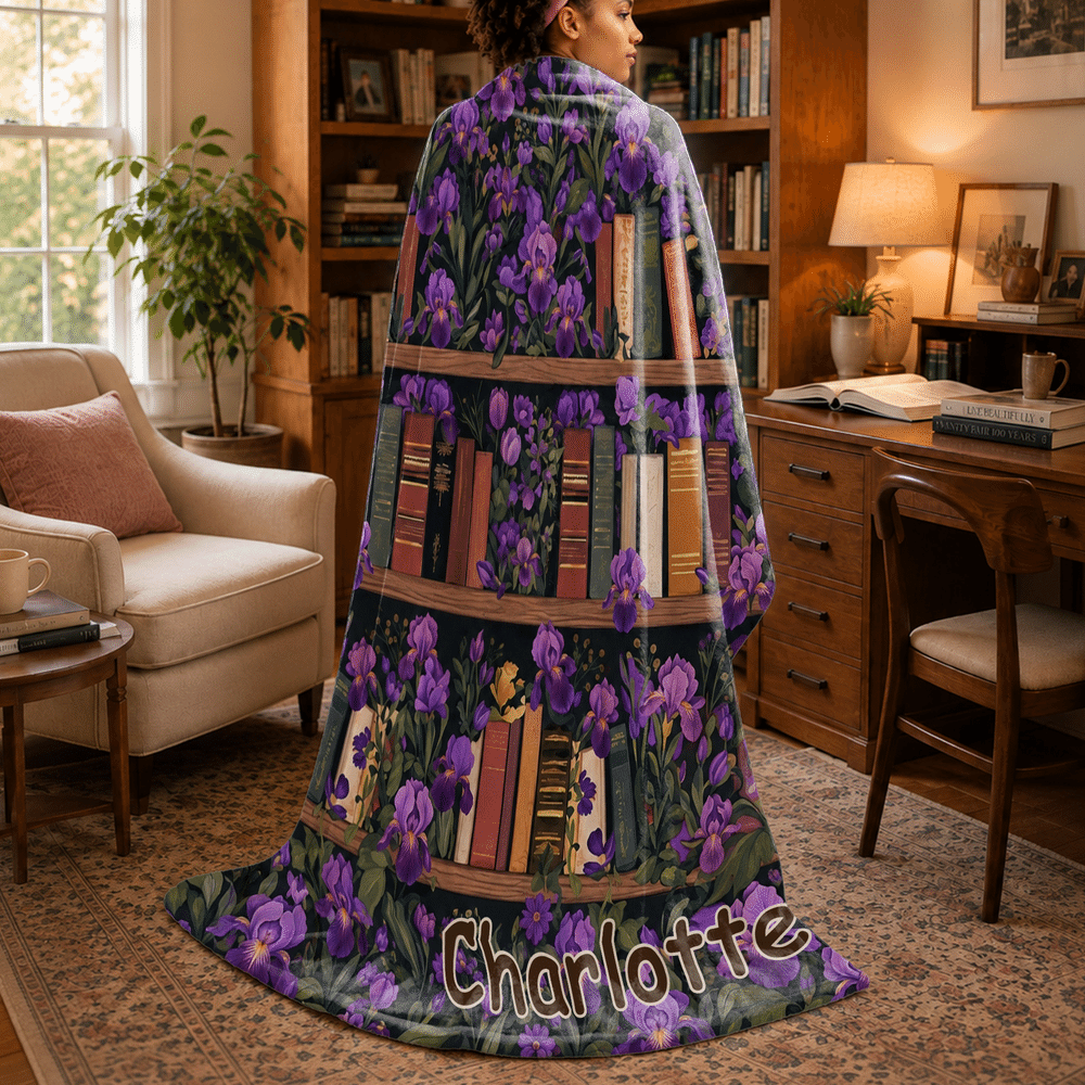 Personalized Vintage Birth Flower Bookshelf Soft Throw Blanket with Name Home Decor Birthday Gift for Book Lovers Readers 7