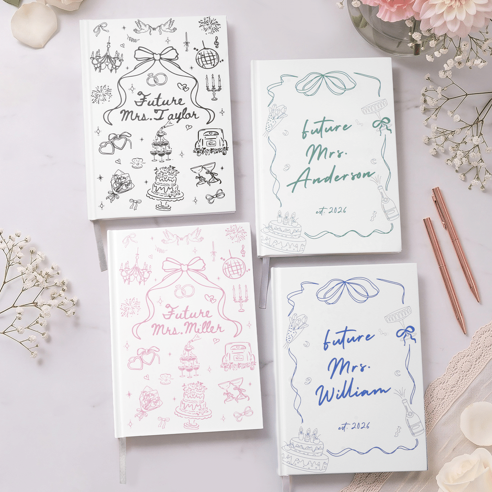 Personalised Bow Cake Flower Future Planning Mrs Hardcover Journal Notebooks with Name and Date Wedding Engagement  Bridal Shower Gift for Bride 3
