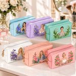 1. Personalized Birth Flower Portrait Photo PU Leather Makeup Bag with Name Daily Use Birthday Gift for Girls Women