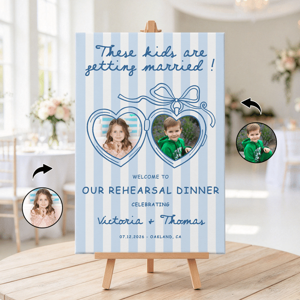 Gepersonaliseerde canvasafdrukken met welkomstborden voor bruiloften, met kinderfoto’s van het bruidspaar en hun namen – een huwelijkscadeau voor stellen en pasgetrouwden ter gelegenheid van het repetitiediner