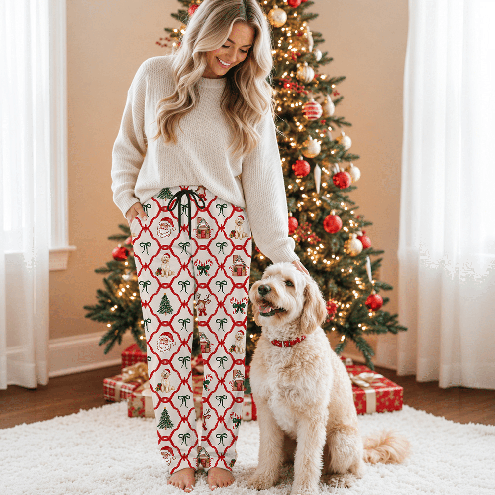 Pantalones de pijama suaves con diseño de bastón de caramelo y gorro de Papá Noel personalizados, con cintura elástica. Regalo ideal para una reunión familiar navideña, para los amantes de las mascotas. 3